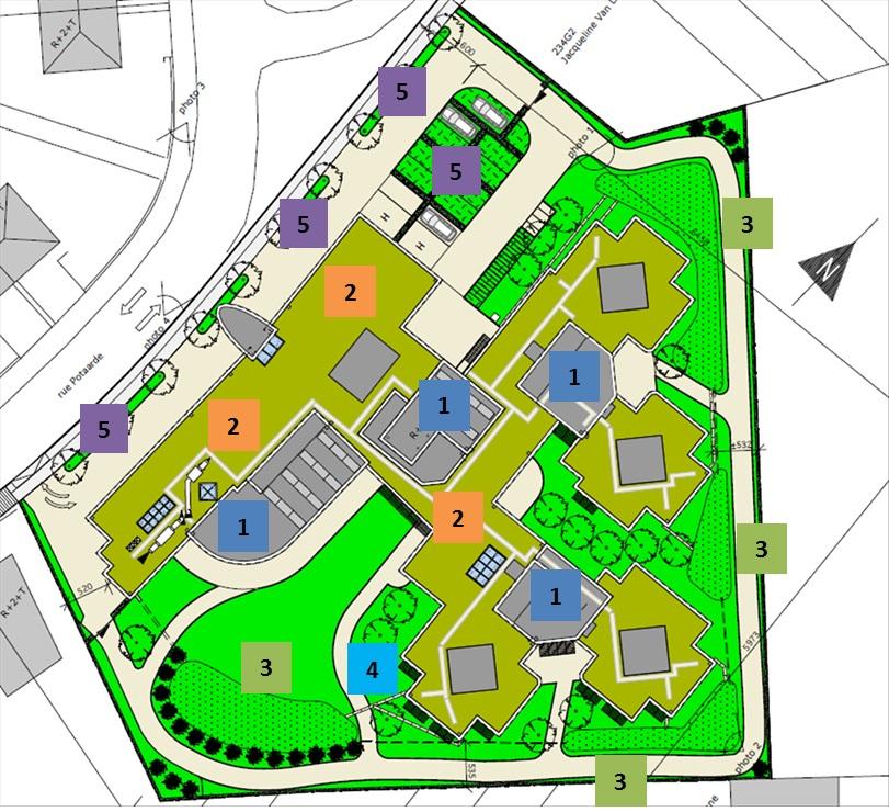 Plan d'aménagement d'un site avec bâtiments, stationnements, espaces verts et zones de rétention numérotées